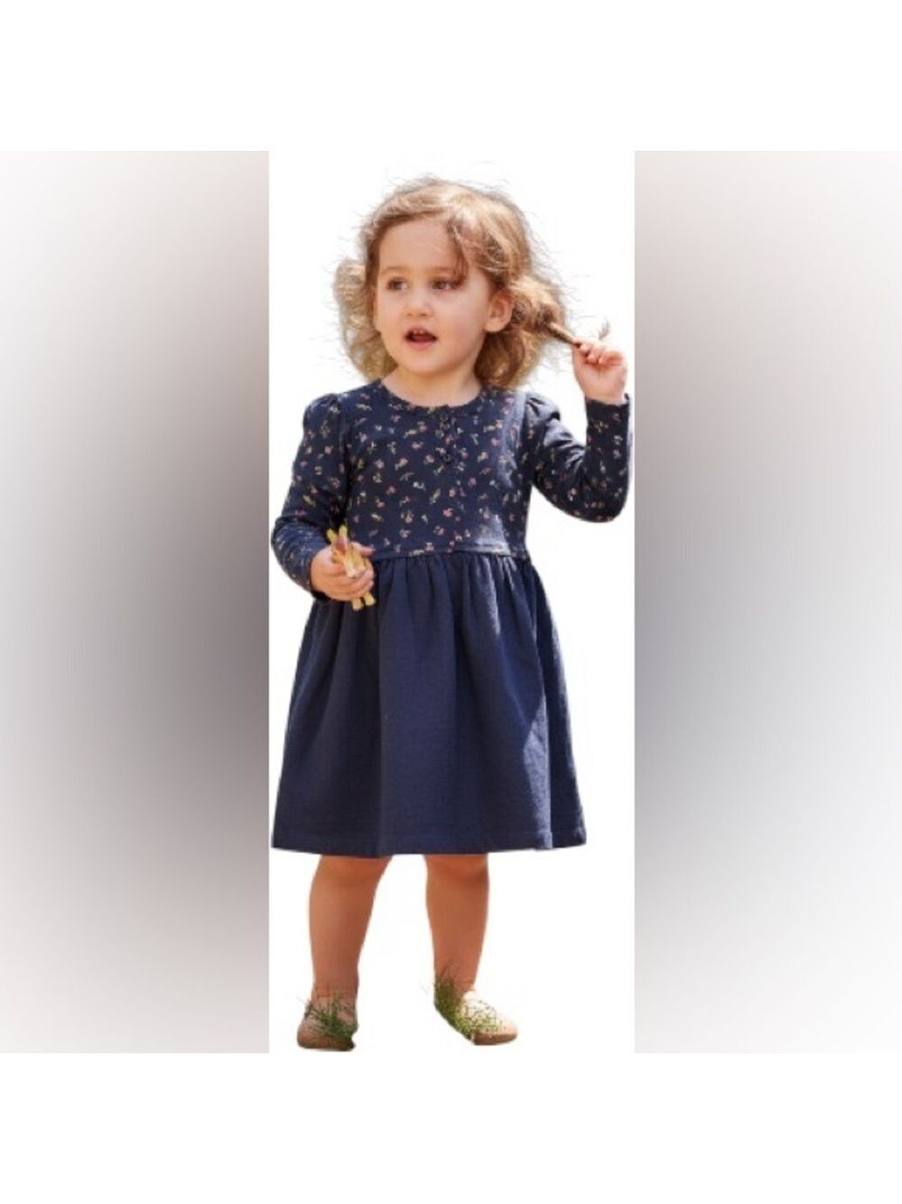 GAP Long Sleeve Lined 100% Cotton Girls Dark Blue Dress with Floral Design